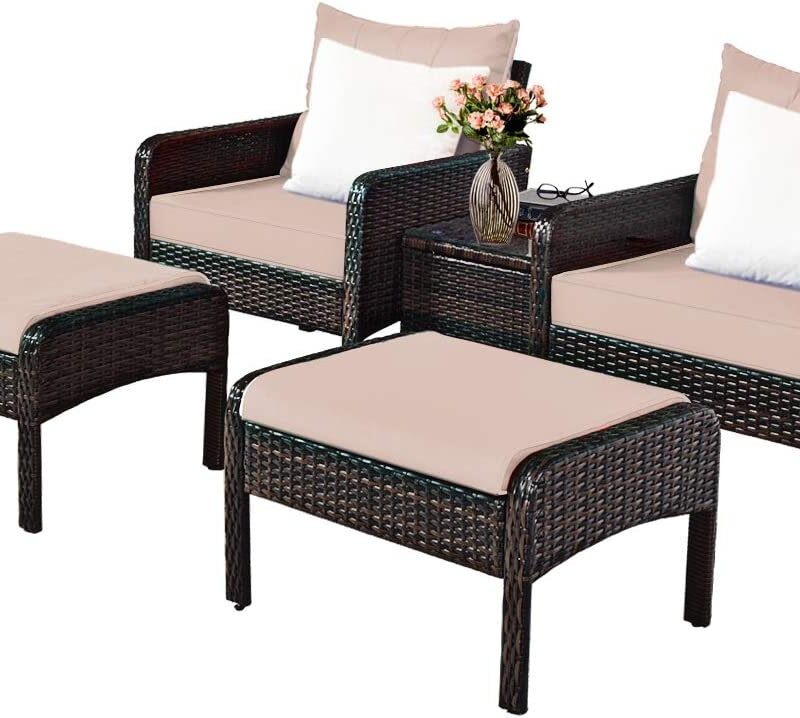 DEVOKO 5PC Wicker Conversation Set (Dark Brown/Cream) - Image 4