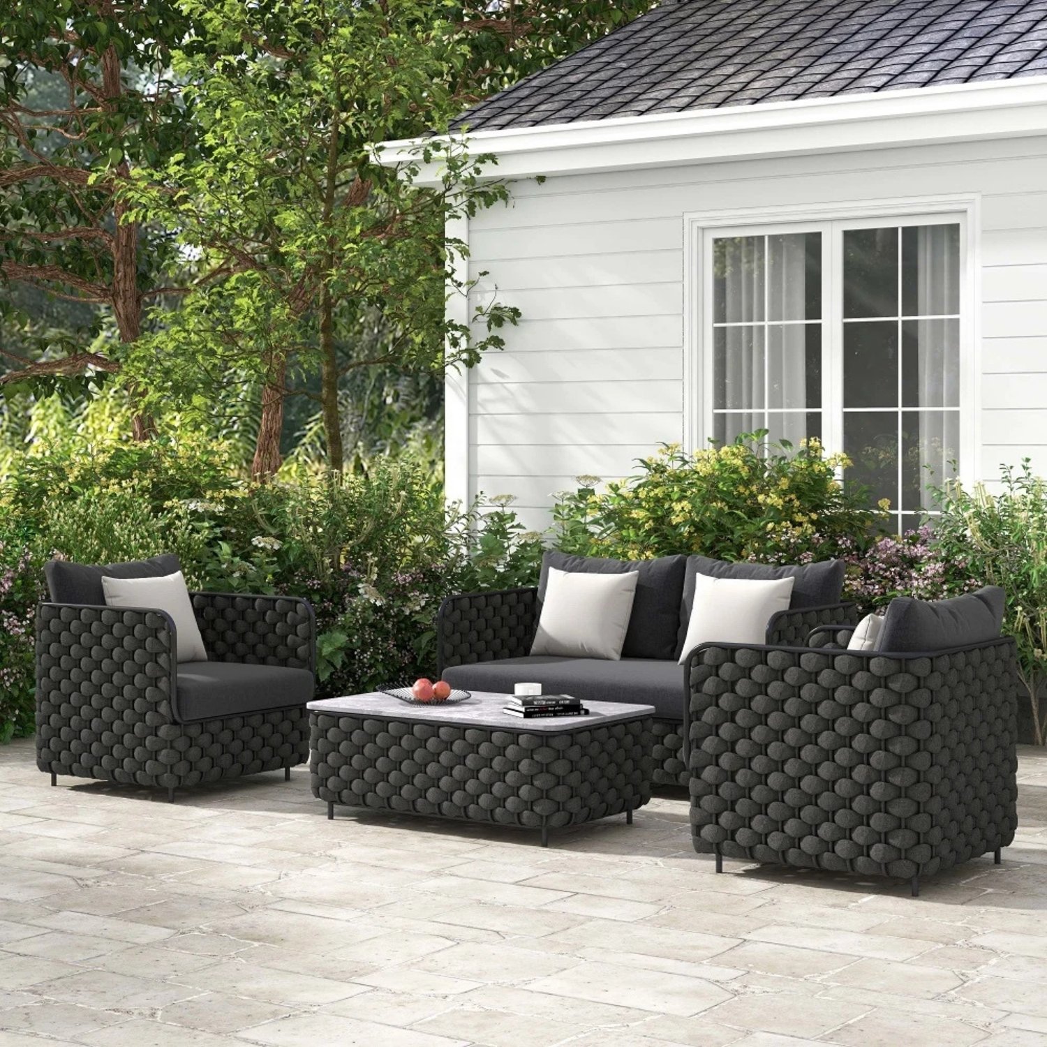 4 Piece Outdoor Rope Sofa Set with HPL Top Coffee Table (Black)