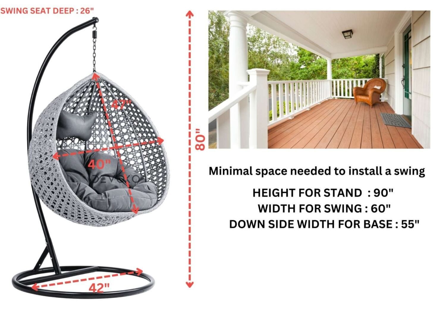 Single Seater Rattan & Wicker Swing (Grey) - Image 2