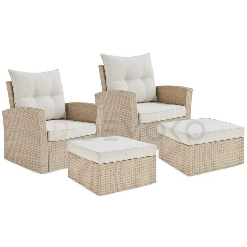 DEVOKO 4-Piece Rattan Garden Set: with Beige Wicker & White Cushions - Image 4