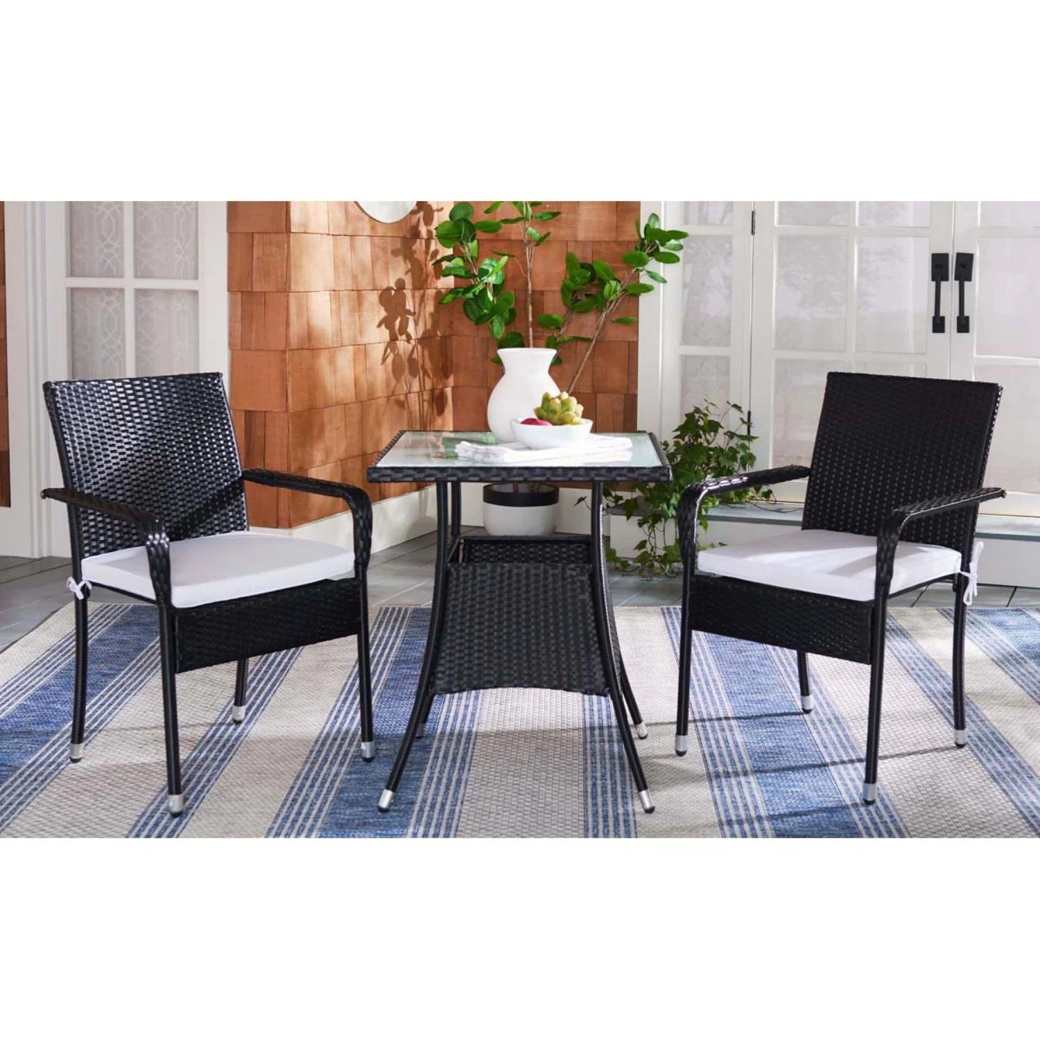 3 Pieces Outdoor Wicker Patio Set (Dark Brown & Off-White)