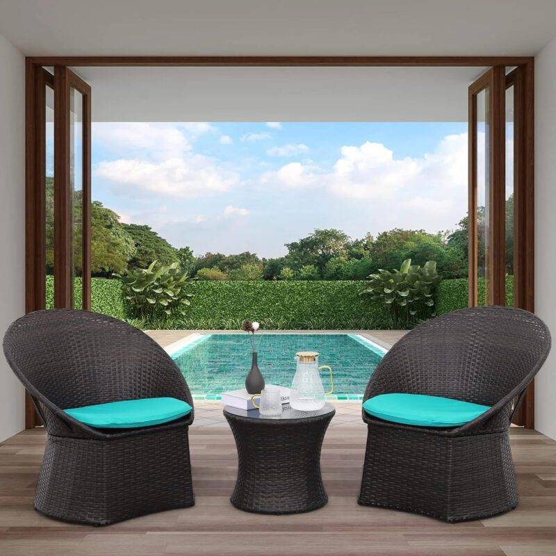 3-Piece Rattan Wicker Patio Set (Dark Brown & Sky-Blue)