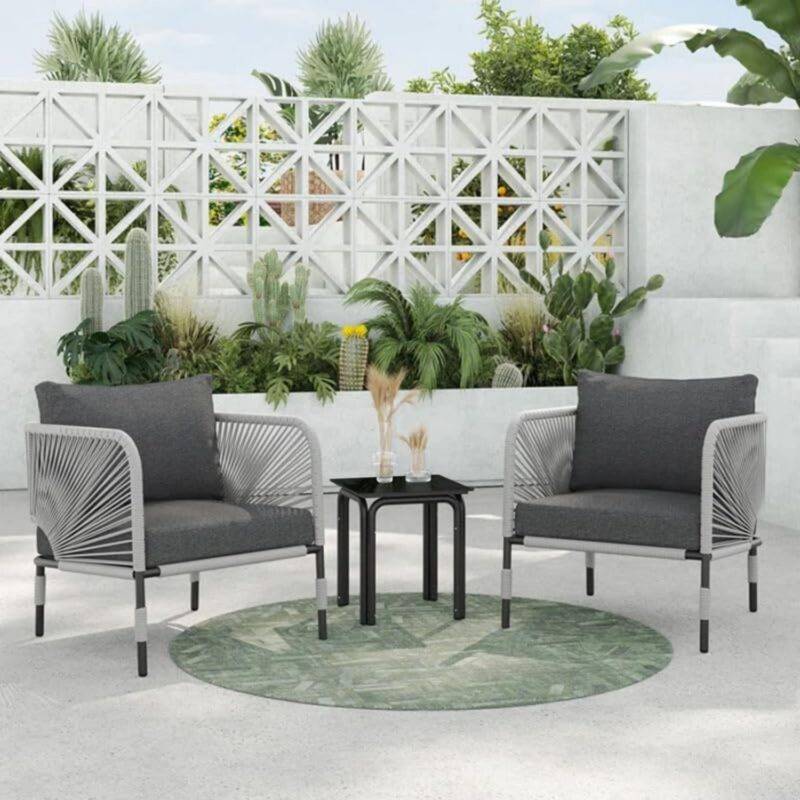 3-Piece Outdoor Rope Patio Bistro Set (Grey & Dark Grey)