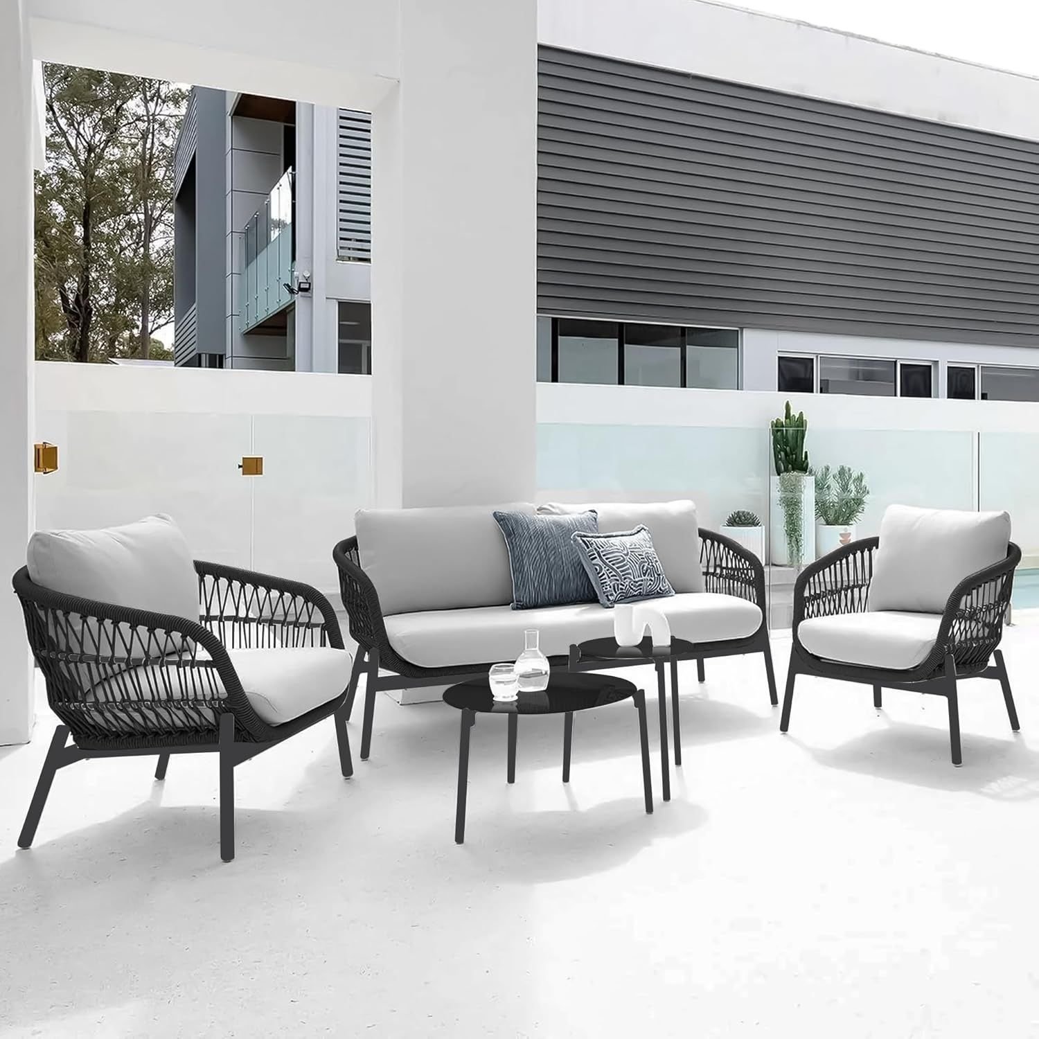 Outdoor Garden 4 Seater Rope Sofa(Black & Off-White)