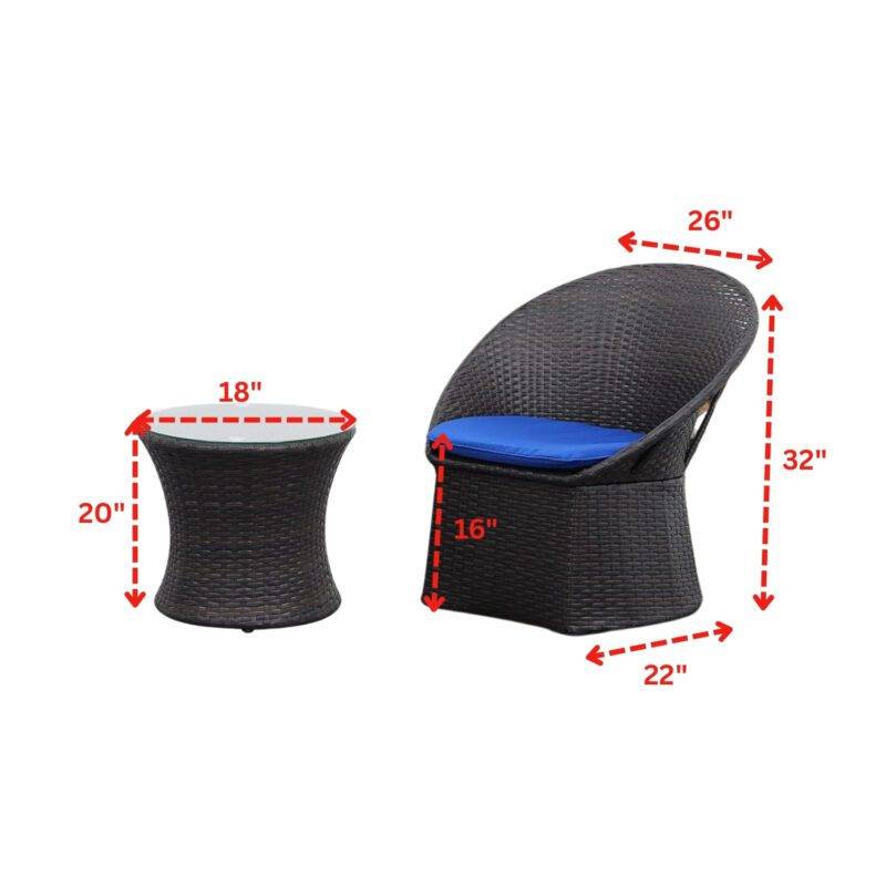 3-Piece Rattan Wicker Patio Set (Dark Brown & Blue) - Image 2