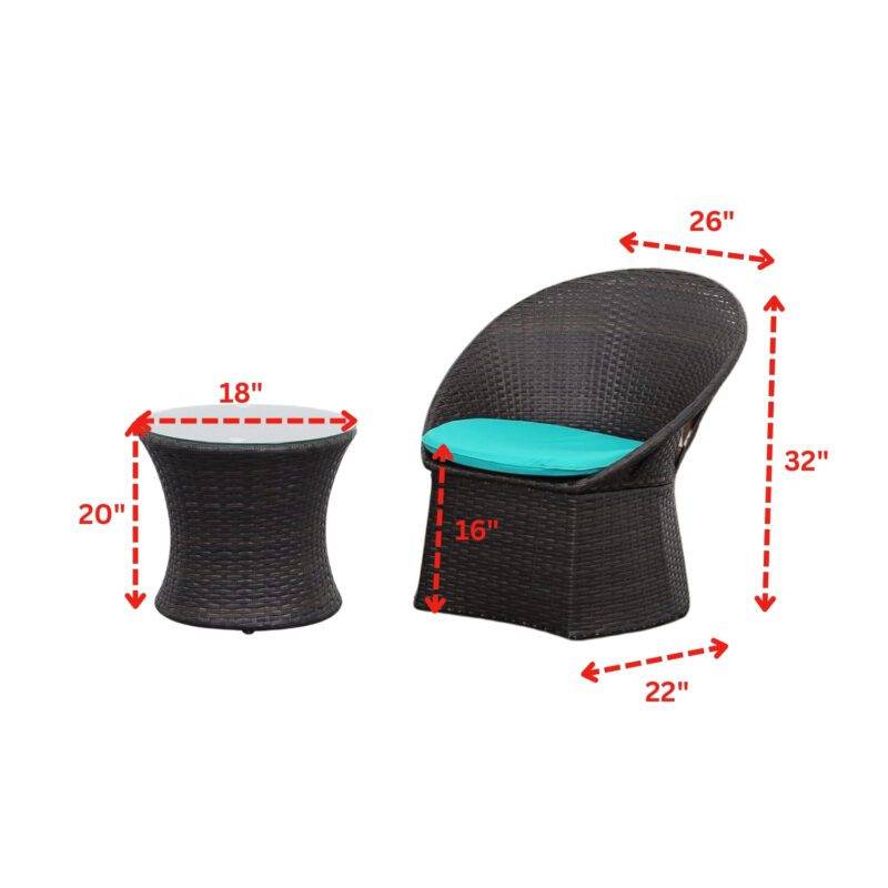 3-Piece Rattan Wicker Patio Set (Dark Brown & Sky-Blue) - Image 2