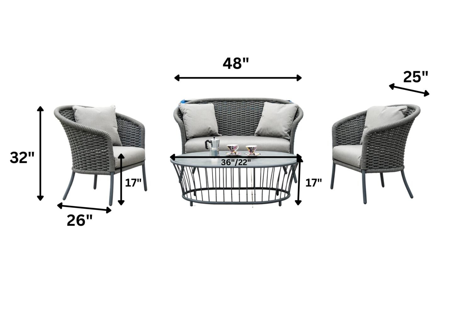 Outdoor Grey Rope 4 Piece Patio Sofa Set with Light Grey Cushions - Image 2
