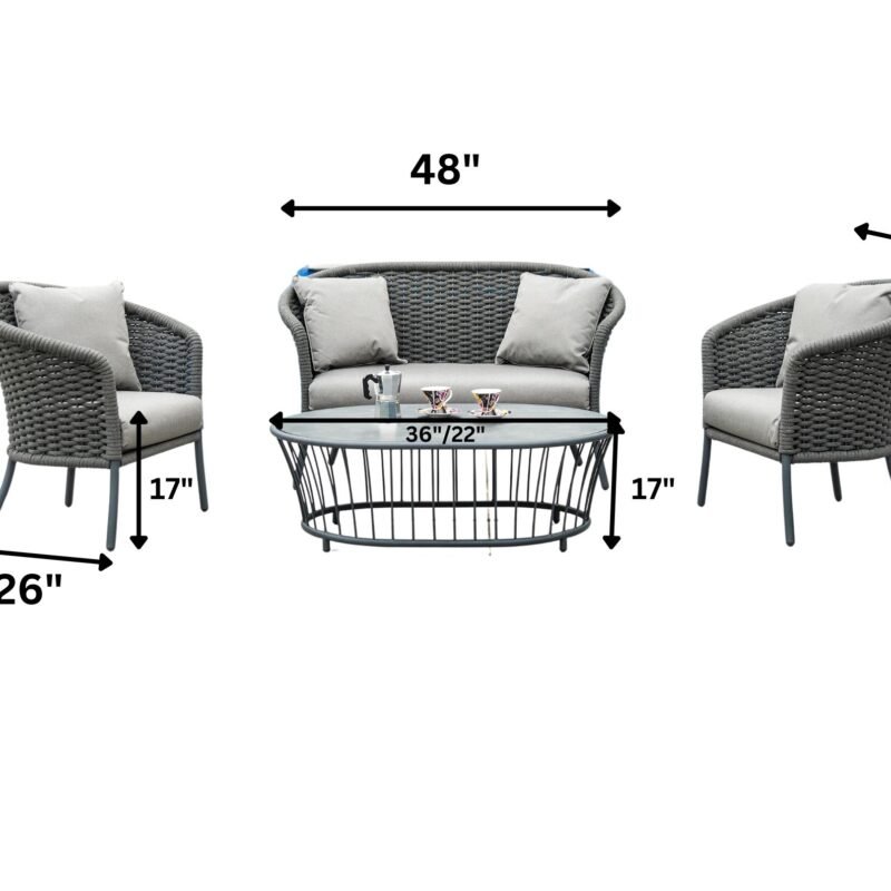Outdoor Grey Rope 4 Piece Patio Sofa Set with Light Grey Cushions - Image 2