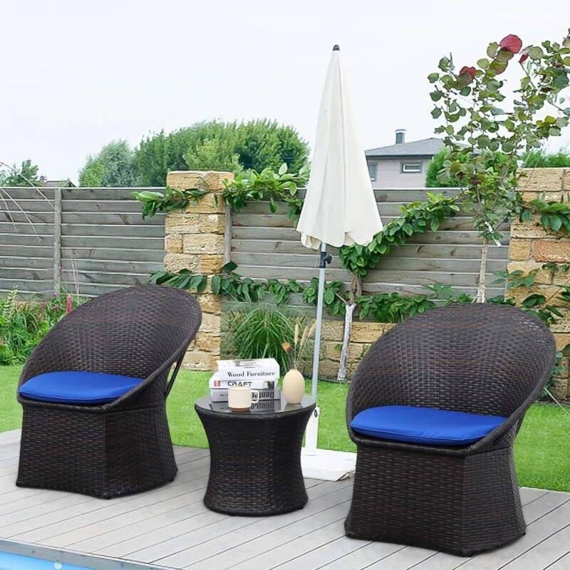 3-Piece Rattan Wicker Patio Set (Dark Brown & Blue) - Image 4