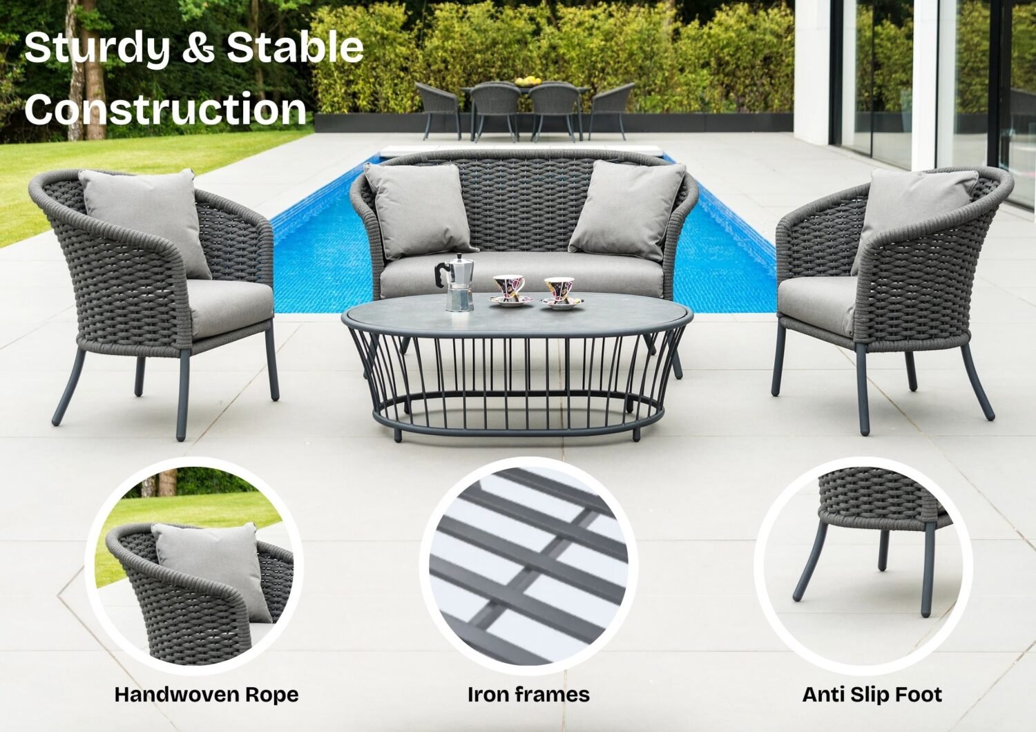 Outdoor Grey Rope 4 Piece Patio Sofa Set with Light Grey Cushions - Image 4