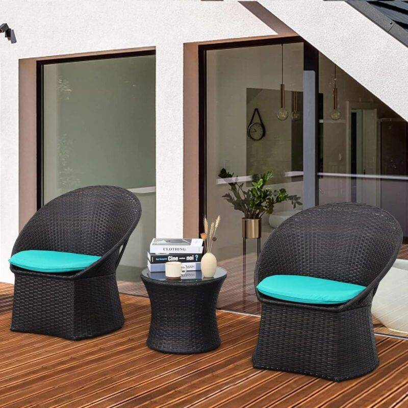 3-Piece Rattan Wicker Patio Set (Dark Brown & Sky-Blue) - Image 4