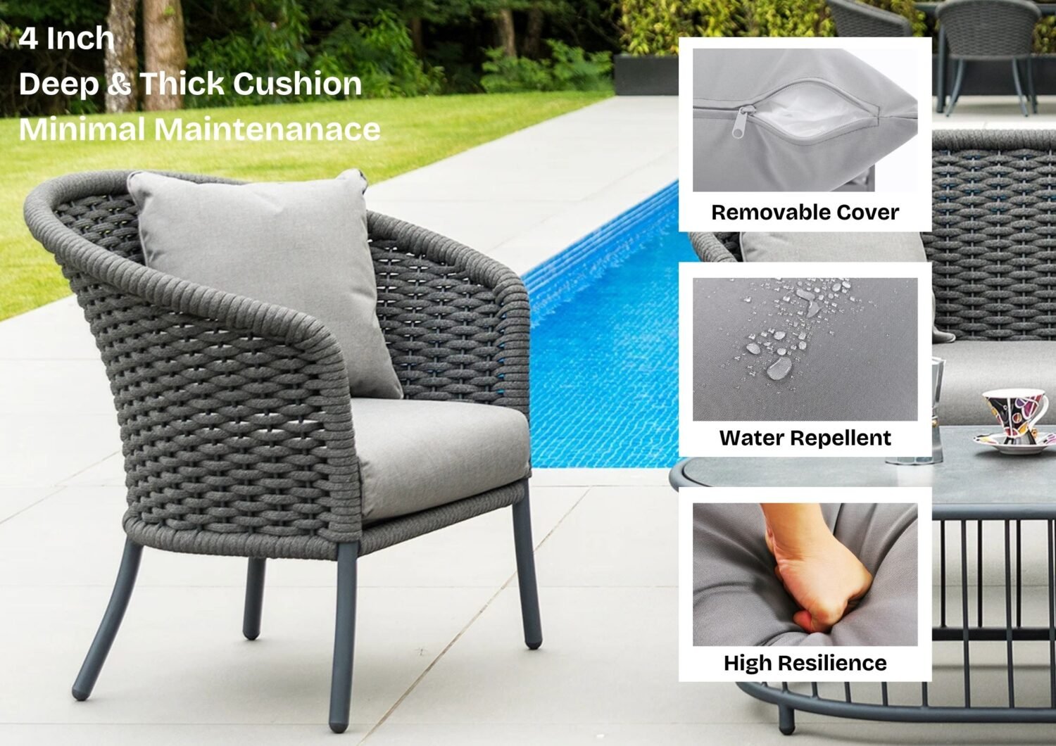 Outdoor Grey Rope 4 Piece Patio Sofa Set with Light Grey Cushions - Image 5