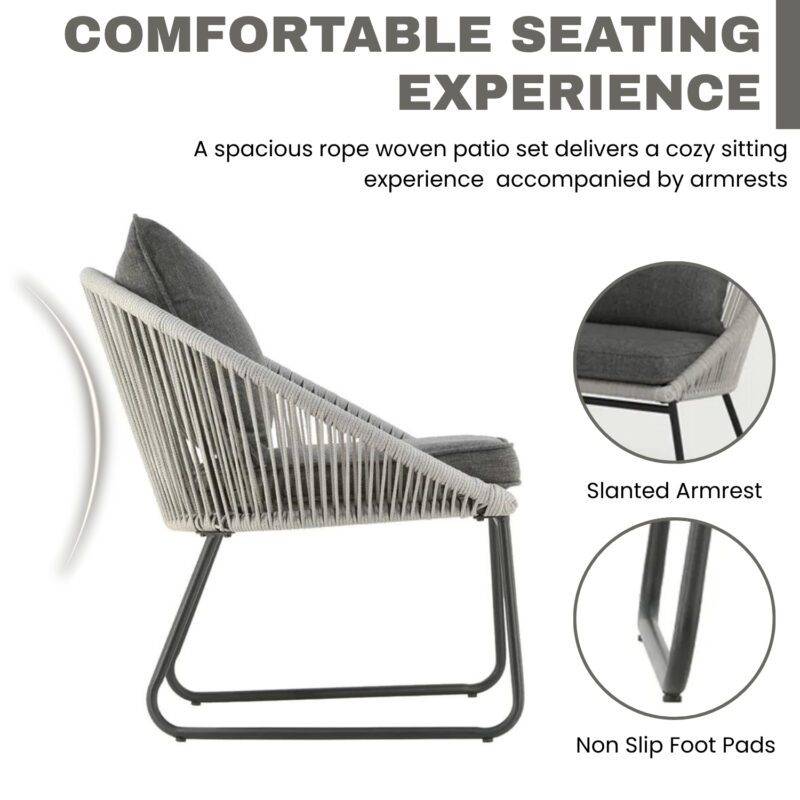 All Weather Outdoor Grey Rope Patio Set With Dark Grey Cushion - Image 5