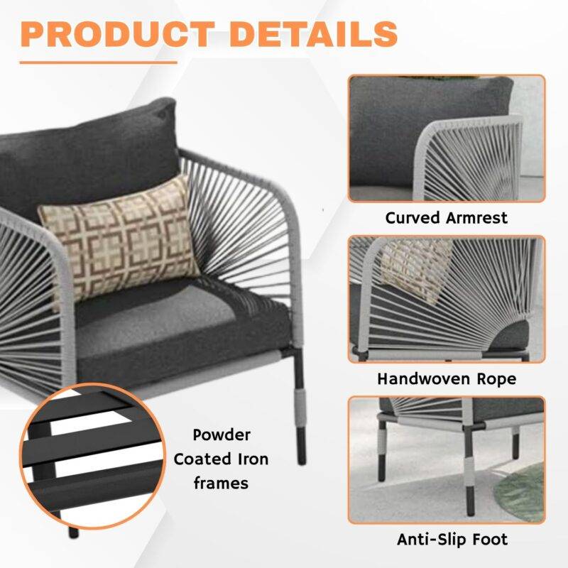 3-Piece Outdoor Rope Patio Bistro Set (Grey & Dark Grey) - Image 5