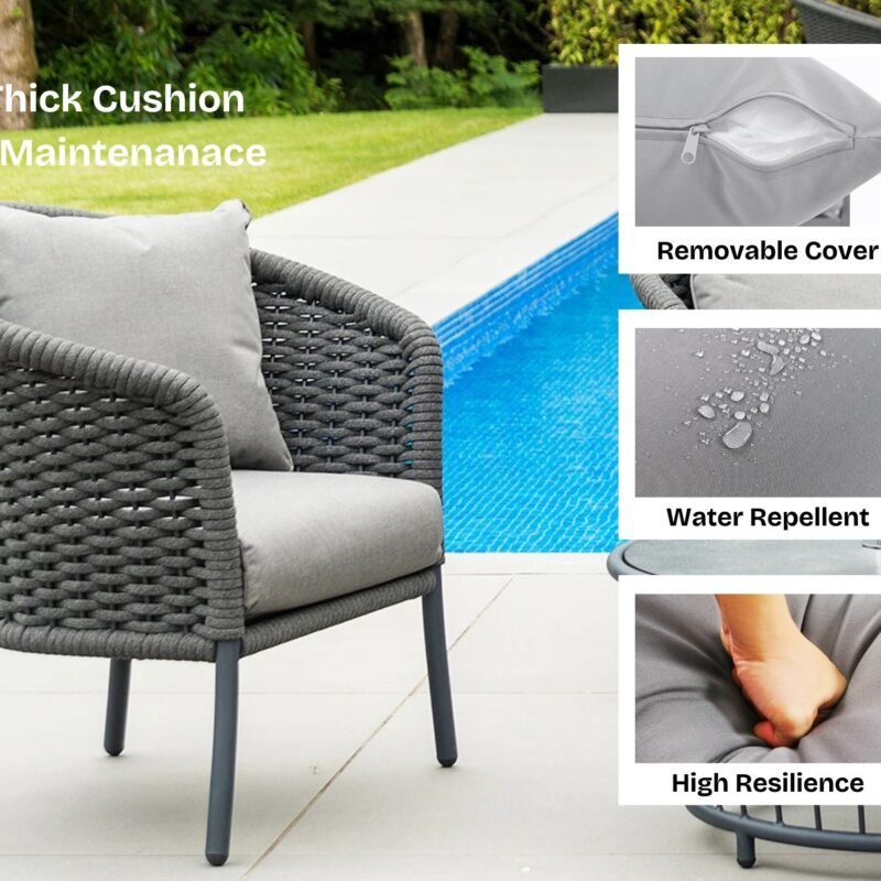 Outdoor Grey Rope 4 Piece Patio Sofa Set with Light Grey Cushions - Image 5