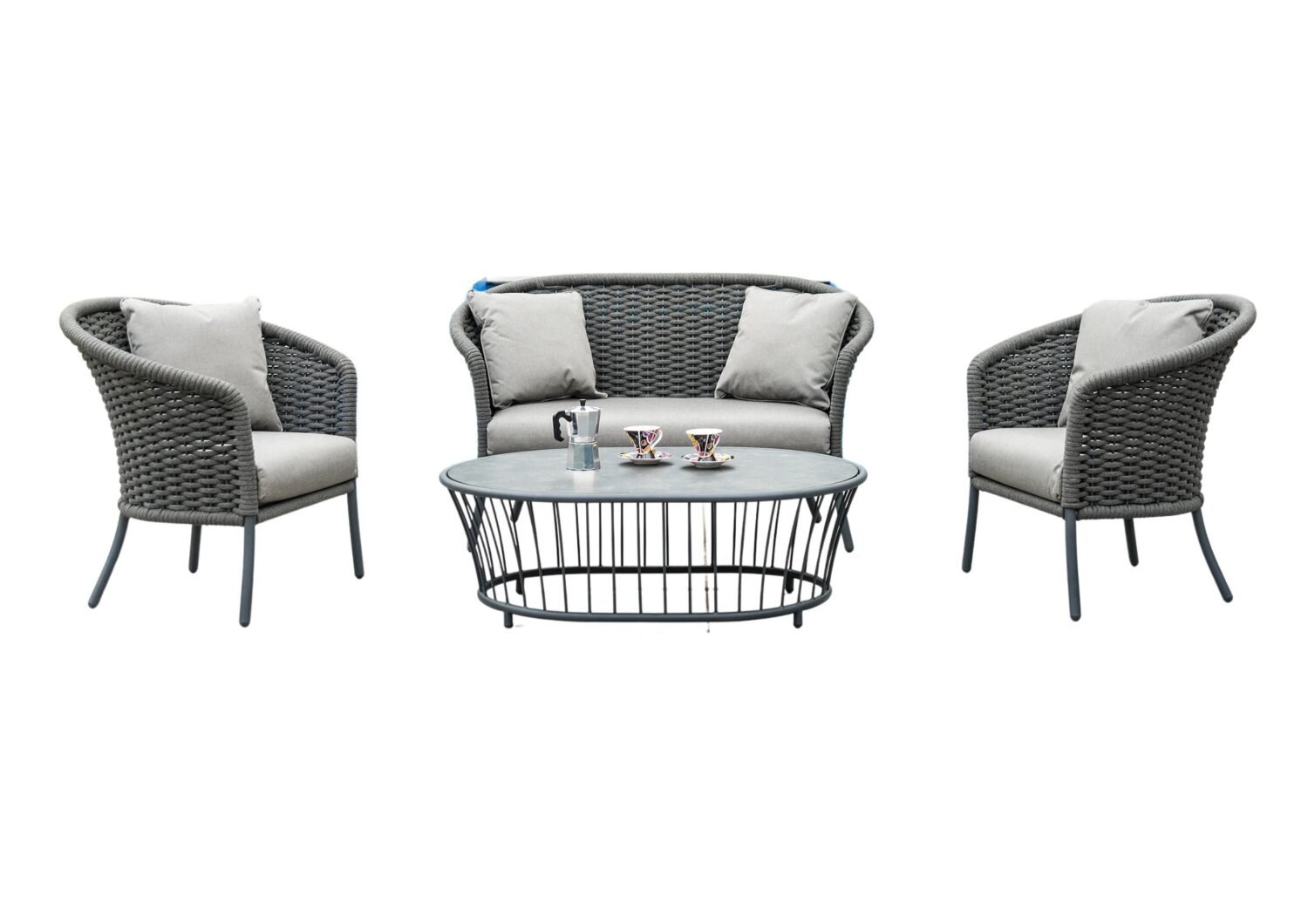 Outdoor Grey Rope 4 Piece Patio Sofa Set with Light Grey Cushions - Image 6