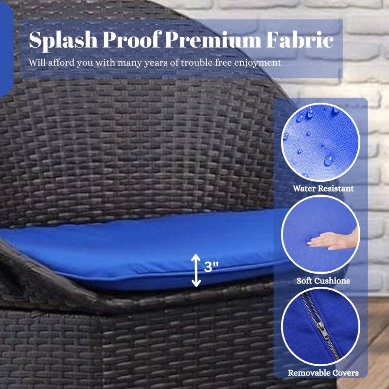 3-Piece Rattan Wicker Patio Set (Dark Brown & Blue) - Image 6