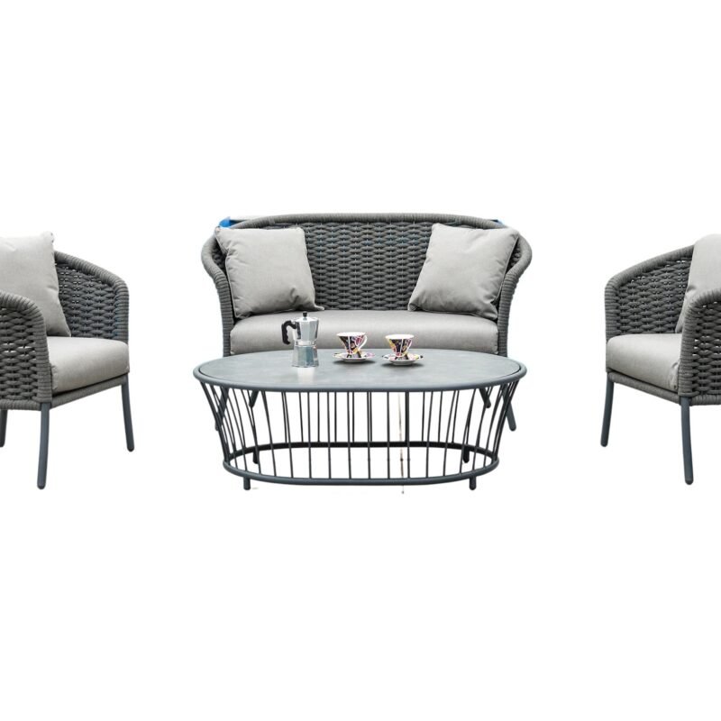Outdoor Grey Rope 4 Piece Patio Sofa Set with Light Grey Cushions - Image 6