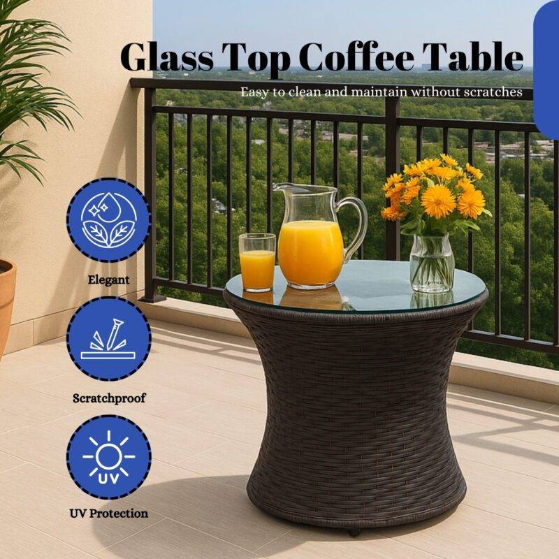 3-Piece Rattan Wicker Patio Set (Dark Brown & Blue) - Image 7