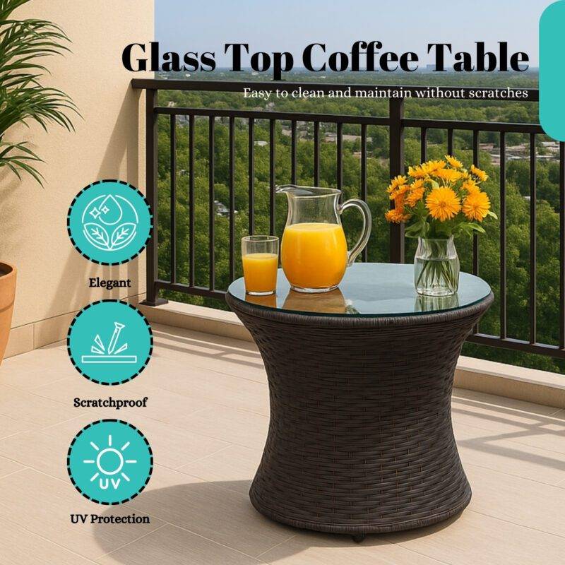 3-Piece Rattan Wicker Patio Set (Dark Brown & Sky-Blue) - Image 7