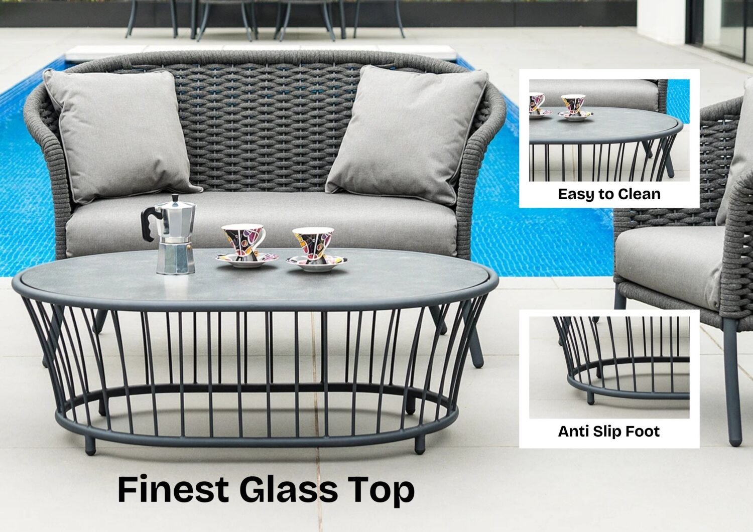 Outdoor Grey Rope 4 Piece Patio Sofa Set with Light Grey Cushions - Image 7