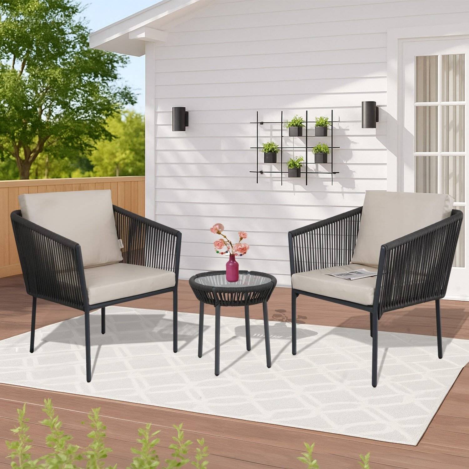3-Piece Outdoor Rope Patio Furniture Set – Grey & Off-White