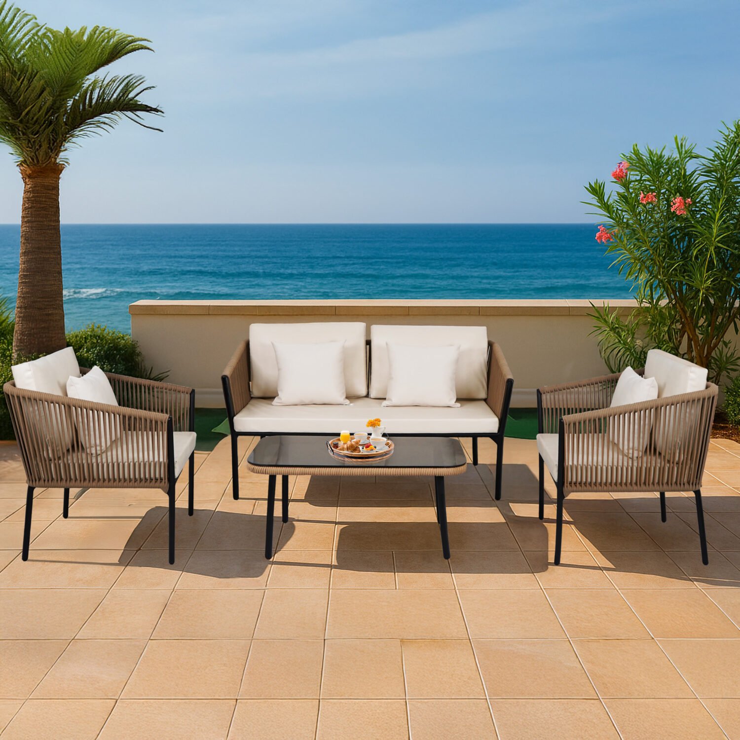 Outdoor Rope 4 Piece Sofa Set (Beige & Off-White)