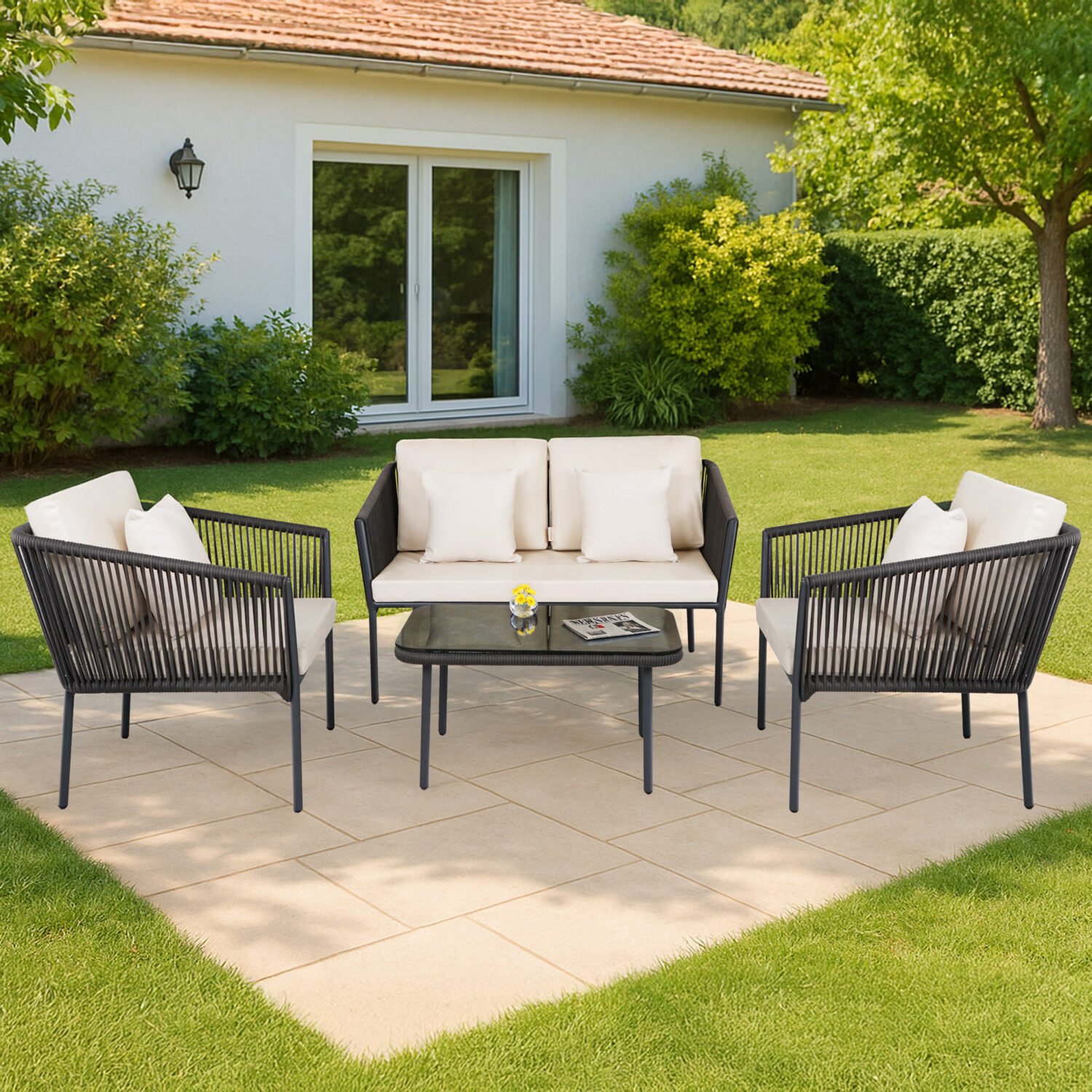 Outdoor Rope 4 Piece Sofa Set (Grey & Off-White)