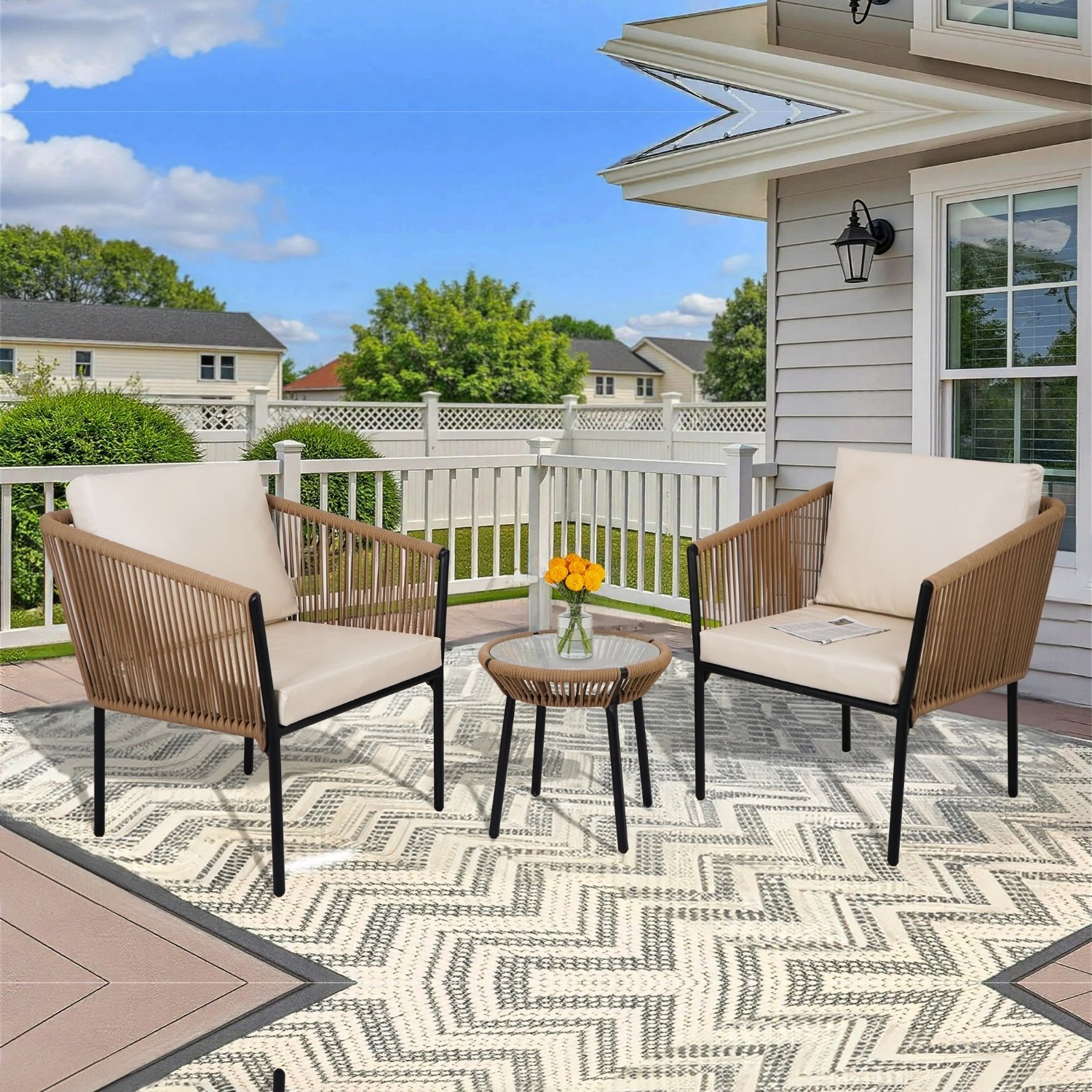 3-Piece Outdoor Rope Patio Furniture Set – Beige & Off-White