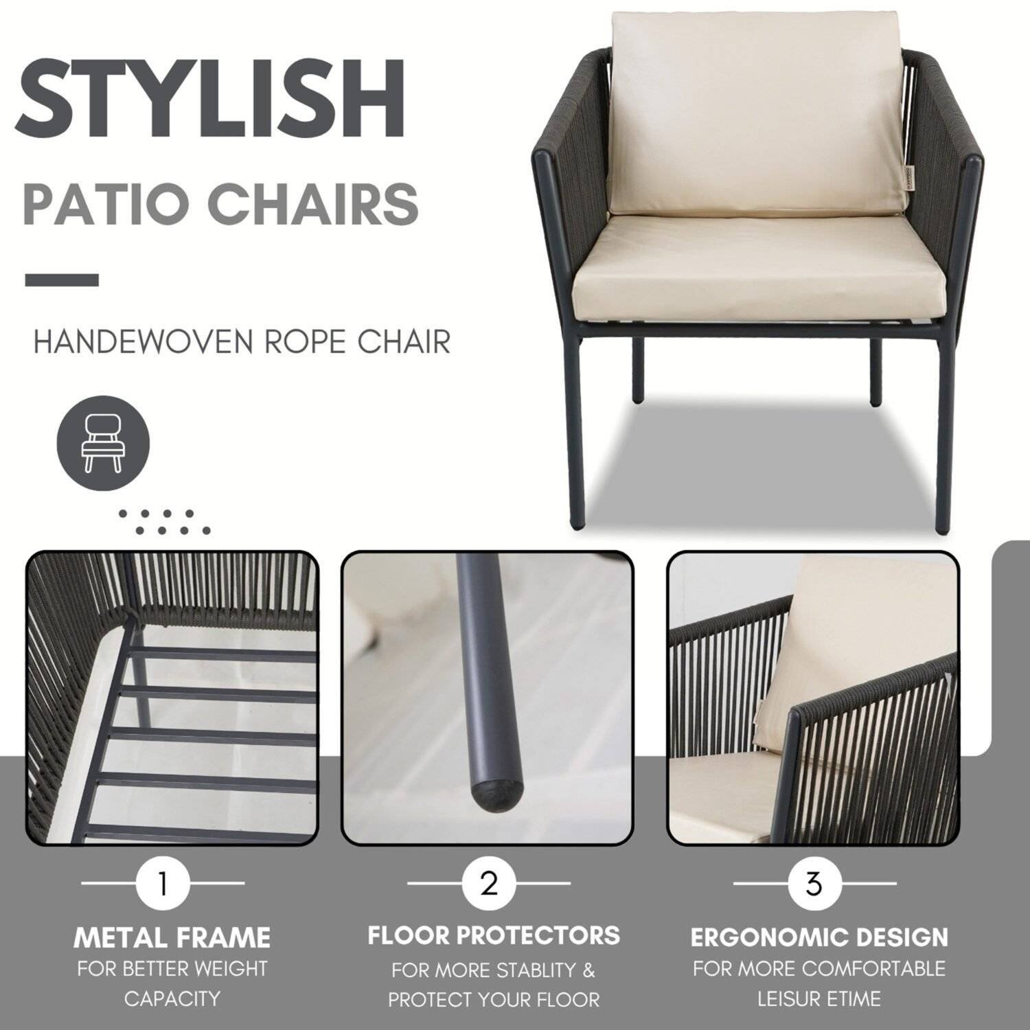 3-Piece Outdoor Rope Patio Furniture Set – Grey & Off-White - Image 5
