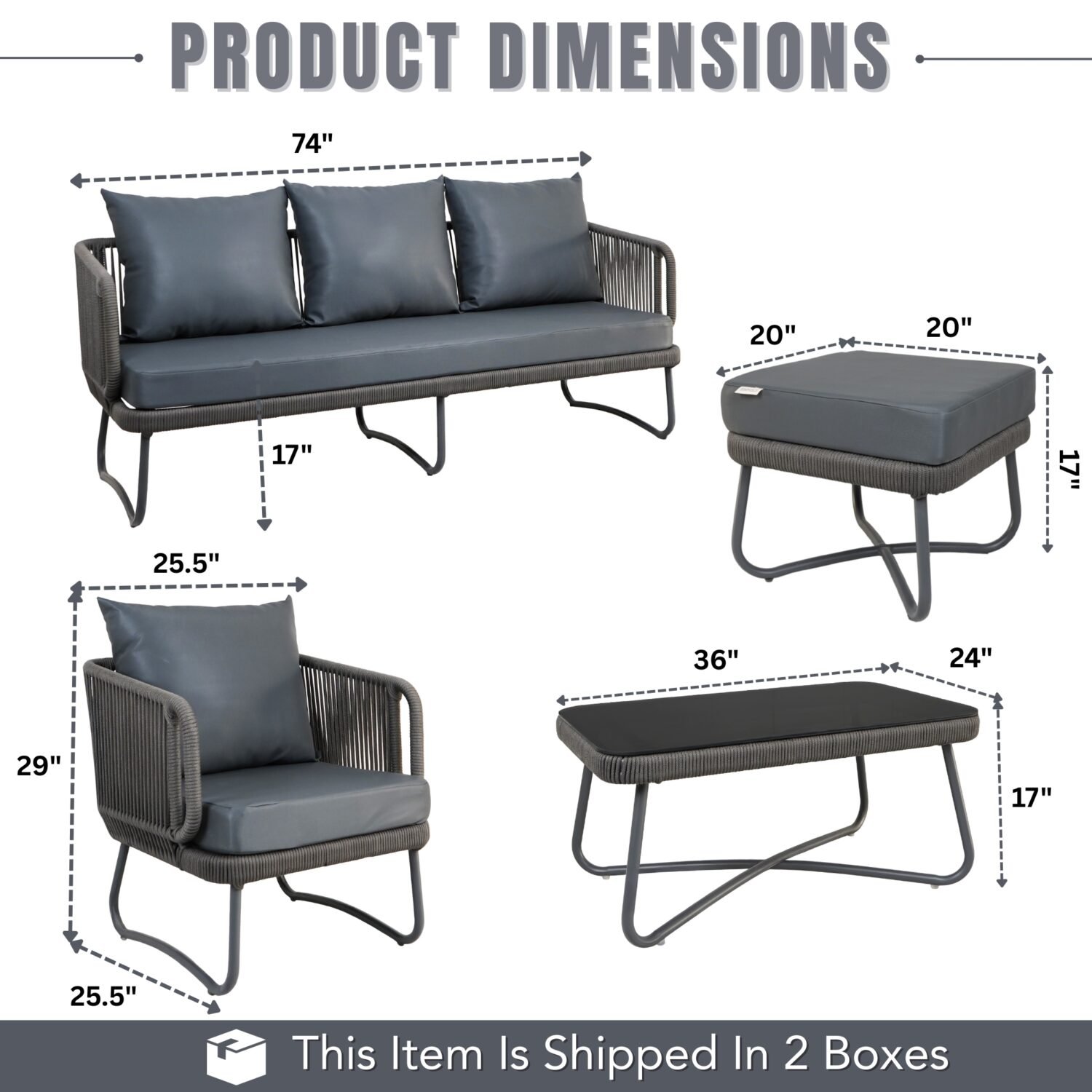Outdoor 6 Seater Grey Rope Sofa With Ottoman and Coffee Table - Image 2