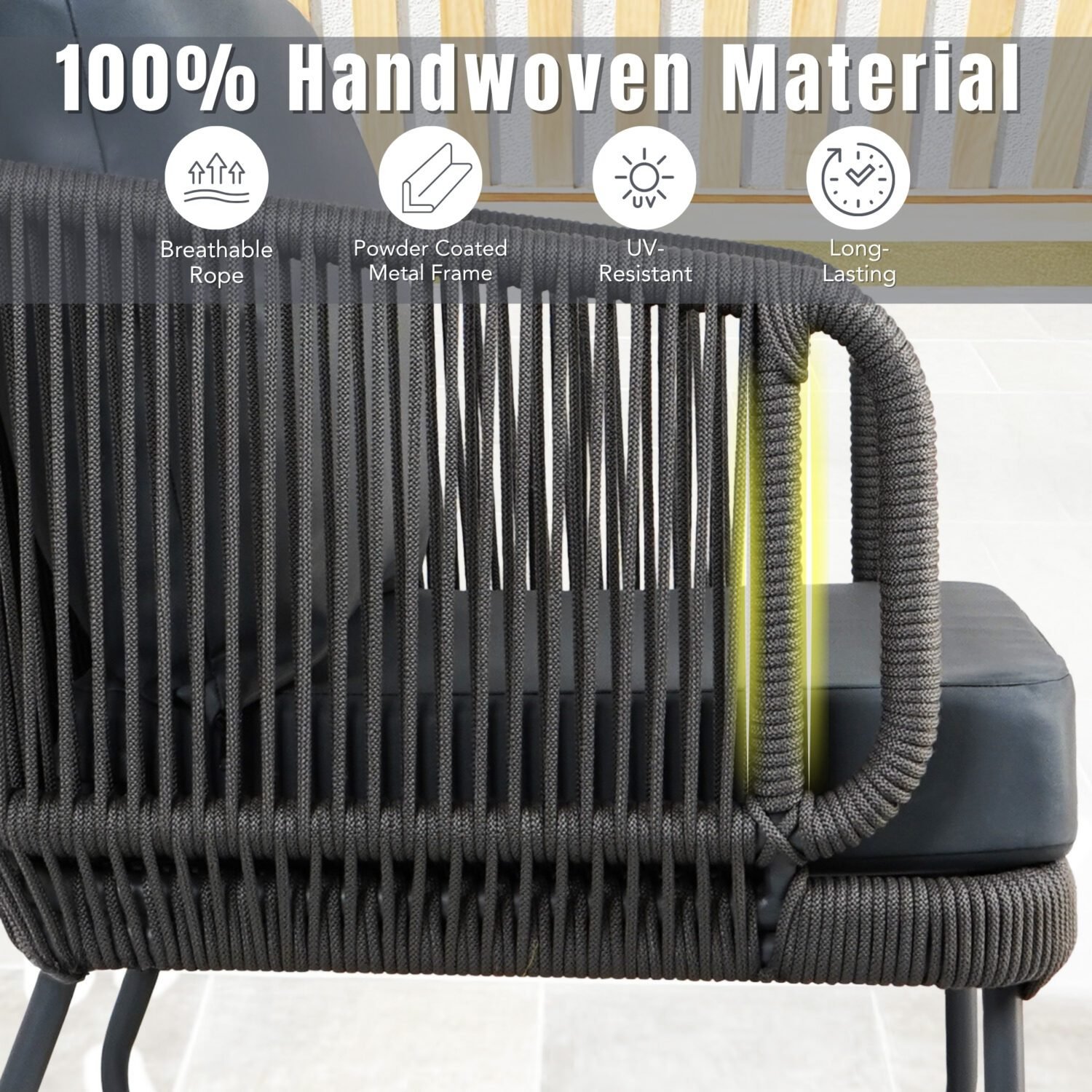 Outdoor 6 Seater Grey Rope Sofa With Ottoman and Coffee Table - Image 5