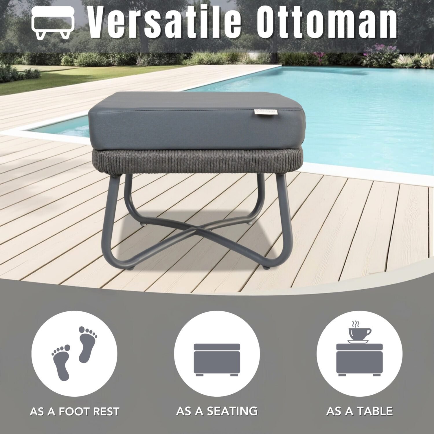 Outdoor 6 Seater Grey Rope Sofa With Ottoman and Coffee Table - Image 7