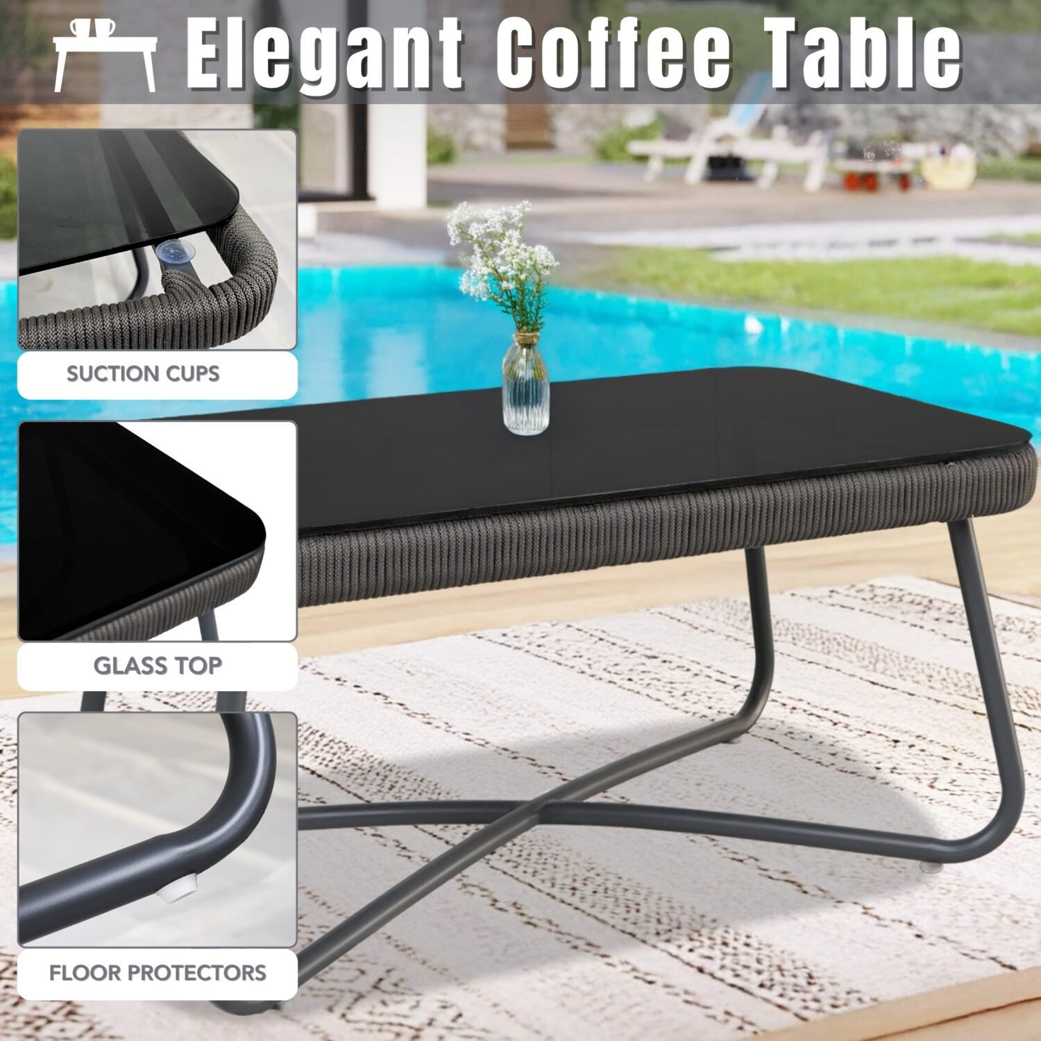 Outdoor 6 Seater Grey Rope Sofa With Ottoman and Coffee Table - Image 8